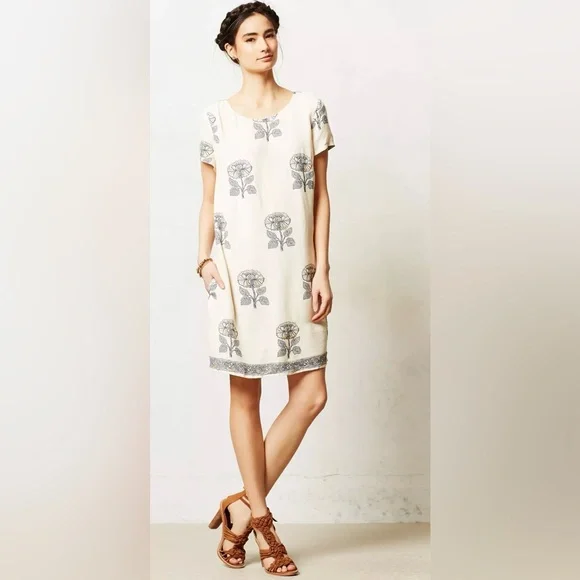 Field Study Tunic Maeve White Shift Dress with Gray & Yellow Floral Motif - Picture 3 of 14